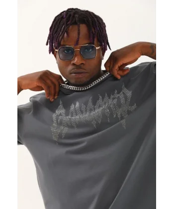 Unisex Oversize Taşlı Bisiklet Yaka T-Shirt - Füme
