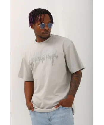 Unisex Oversize Taşlı Bisiklet Yaka T-Shirt - Gri