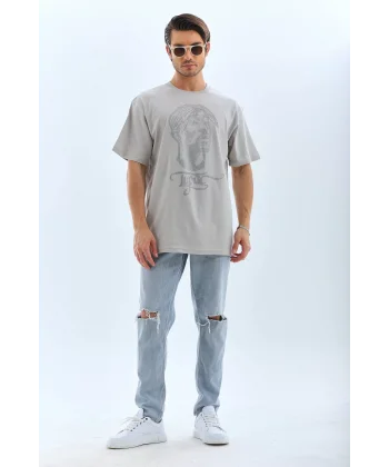 Unisex Oversize Taşlı Bisiklet Yaka T-Shirt - Gri