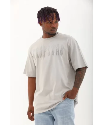 Unisex Oversize Taşlı Bisiklet Yaka T-Shirt - Gri