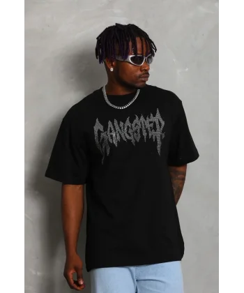 Unisex Oversize Taşlı Bisiklet Yaka T-Shirt - Siyah