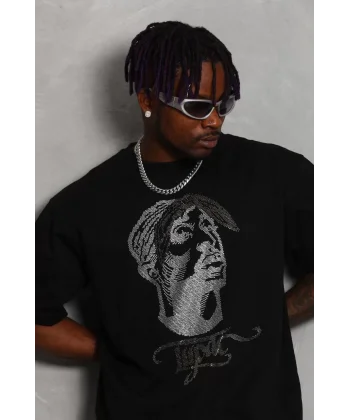 Unisex Oversize Taşlı Bisiklet Yaka T-Shirt - Siyah