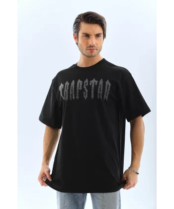 Unisex Oversize Taşlı Bisiklet Yaka T-Shirt - Siyah