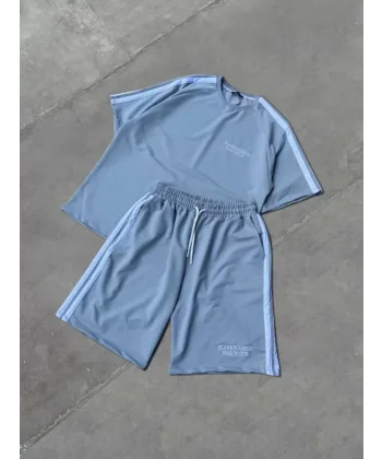 Unisex Şeritli Baskılı Şortlu Takım  Boyalı Gri