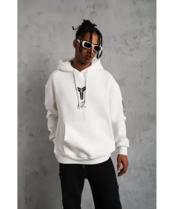 Unisex Sırt Baskılı Kapüşonlu Üç İplik Oversize Sweatshirt - Beyaz