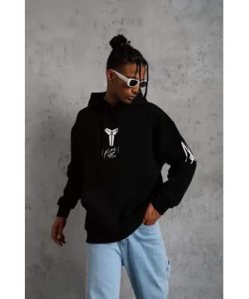 Unisex Sırt Baskılı Kapüşonlu Üç İplik Oversize Sweatshirt - Siyah