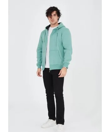 Unisex Tam Fermuarlı Kapşonlu  Hırka - Mint Yeşili