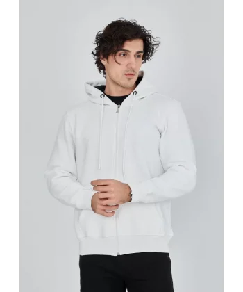 Unisex Tam Fermuarlı Kapşonlu  SweatShirt - Beyaz