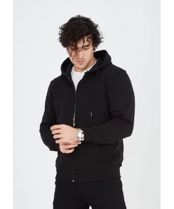 Unisex Tam Fermuarlı Kapşonlu  SweatShirt - Siyah