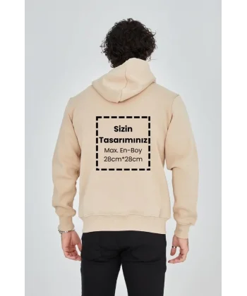 Unisex Tam Fermuarlı Kapşonlu Özel Tasarım SweatShirt - Bej