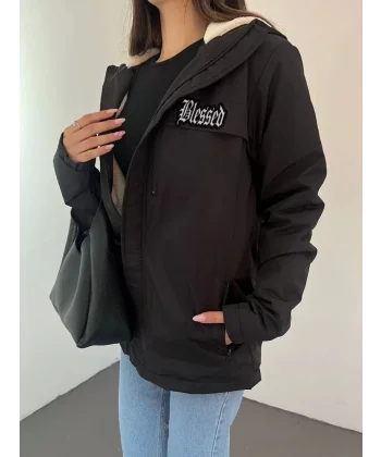 Unisex Tam Kalıp kapüşonlu İçi Kürklü Mont - Siyah