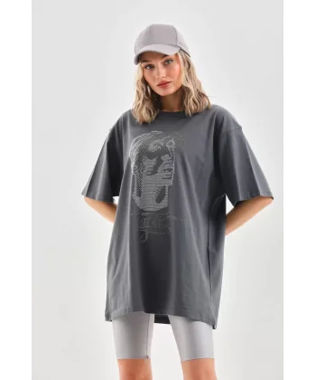 Unisex Taş Desenli Oversize T-Shirt - Füme