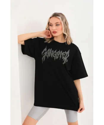 Unisex Taş Desenli Oversize T-Shirt - Siyah