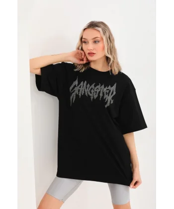 Unisex Taş Desenli Oversize T-Shirt - Siyah