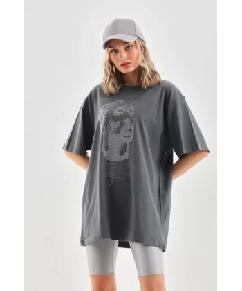 Unisex Taş Desenli Oversize Thirt  Füme