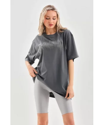 Unisex Taş Desenli Oversize Thirt  Füme