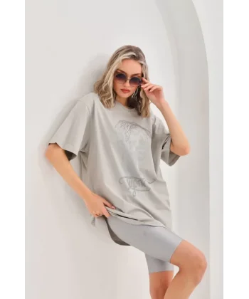 Unisex Taş Desenli Oversize Thirt  Gri