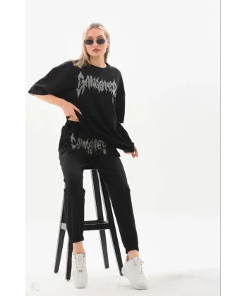 Unisex Taşlı T-Shirt ve Eşofman Takımı - Siyah