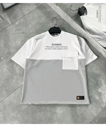 Unisex Torba Cep Detaylı  Parçalı T-Shirt - Gri