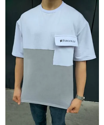 Unisex Torba Cep Detaylı  Parçalı T-Shirt - Gri