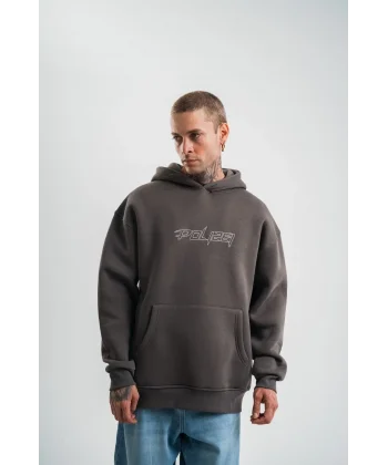 Unisex Üç İplik Kapşonlu Nakışlı SweatShirt - Füme