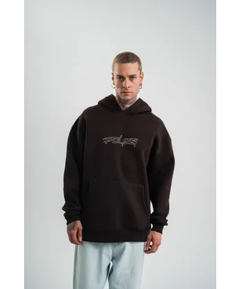 Unisex Üç İplik Kapşonlu Nakışlı SweatShirt - Kahve