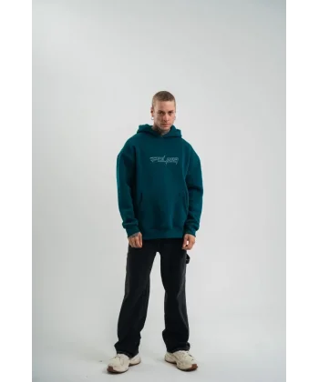 Unisex Üç İplik Kapşonlu Nakışlı SweatShirt - Koyu Deniz Yeşili