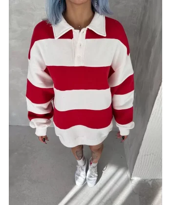 Unisex Üç İplik Parçalı Yakalı SweatShirt - Kırmızı