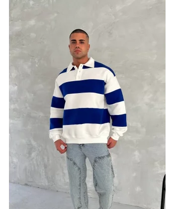 Unisex Üç İplik Parçalı Yakalı SweatShirt - Mavi