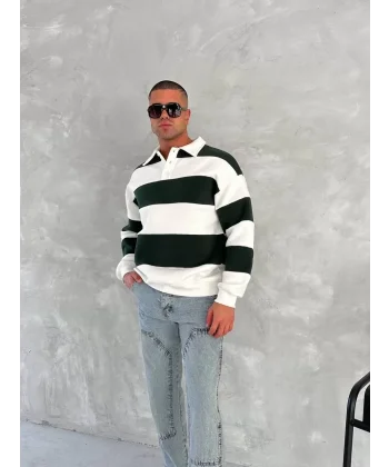 Unisex Üç İplik Parçalı Yakalı SweatShirt - Yeşil