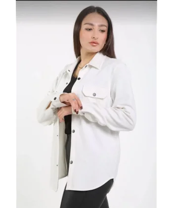 Unisex Üç İplik Uzun Kol Yakalı Gömlek  Beyaz