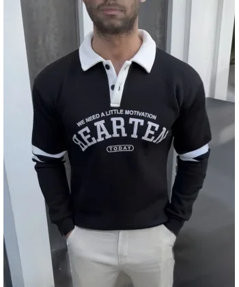 Unisex Üç İplik Yakalı SweatShirt - Siyah