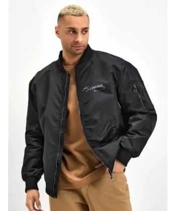 Unisex Uzun Kol Baskılı Bomber Ceket - Siyah