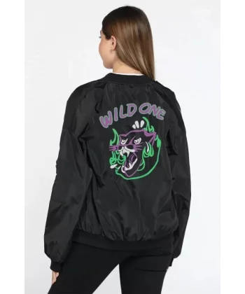 Unisex Uzun Kol Baskılı Bomber Ceket - Siyah