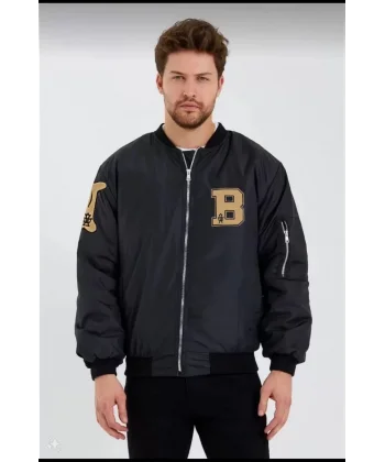 Erkek Siyah Bomber Kolej Mont – B Harfi ve Kemik Baskılı, Su İtici Kumaş, Kapitone Astarlı Fermuarlı Ceket - Siyah