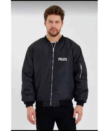Erkek Siyah Bomber Mont – POLIZEI Yazılı, Fermuarlı Cepli, Kapitone Astarlı, Su İtici Kumaş Şık Günlük Ceket- Siyah