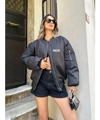 Unisex Uzun Kol Baskılı Bomber Ceket - Siyah