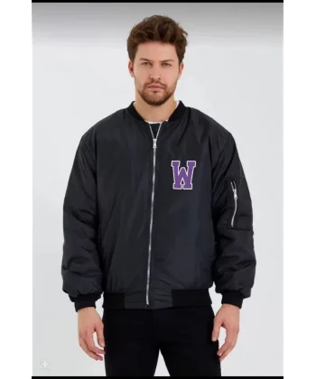 Unisex Uzun Kol Baskılı Bomber Ceket - Siyah