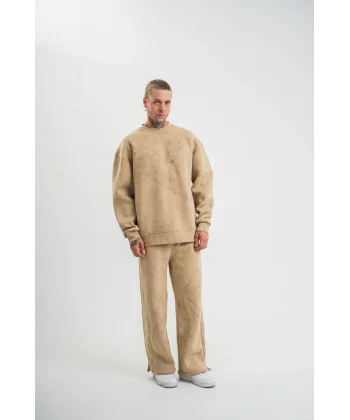 Unisex Uzun Kol Bisiklet Yaka Yıkamalı Eşofman Takım - Bej