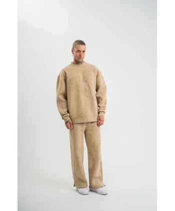 Unisex Uzun Kol Bisiklet Yaka Yıkamalı Eşofman Takım - Bej