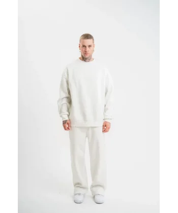 Unisex Uzun Kol Bisiklet Yaka Yıkamalı Eşofman Takım - Beyaz