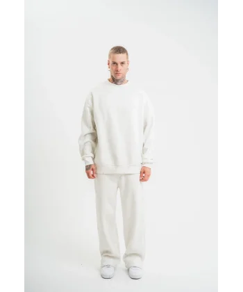 Unisex Uzun Kol Bisiklet Yaka Yıkamalı Eşofman Takım - Beyaz
