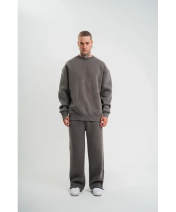 Unisex Uzun Kol Bisiklet Yaka Yıkamalı Eşofman Takım - Füme