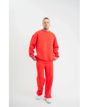 Unisex Uzun Kol Bisiklet Yaka Yıkamalı Eşofman Takım - Kırmızı