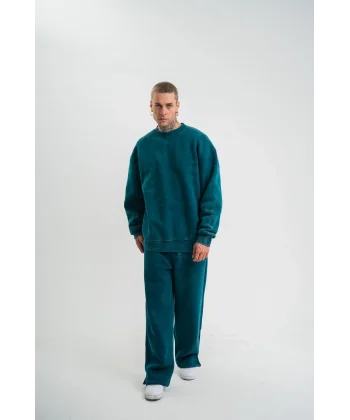 Unisex Uzun Kol Bisiklet Yaka Yıkamalı Eşofman Takım - Koyu Deniz Yeşili