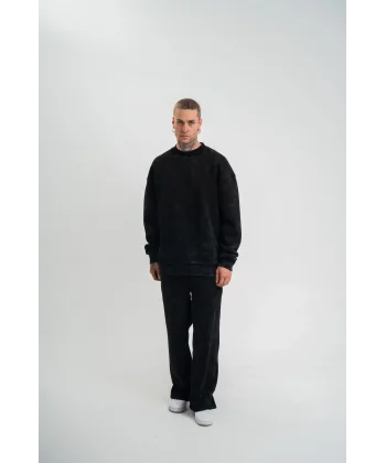 Unisex Uzun Kol Bisiklet Yaka Yıkamalı Eşofman Takım - Siyah