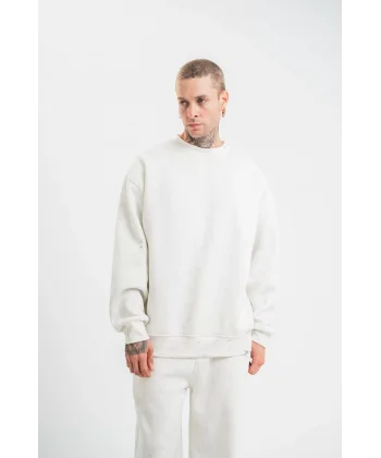 Unisex Uzun Kol Bisiklet Yaka Yıkamalı SweatShirt - Beyaz