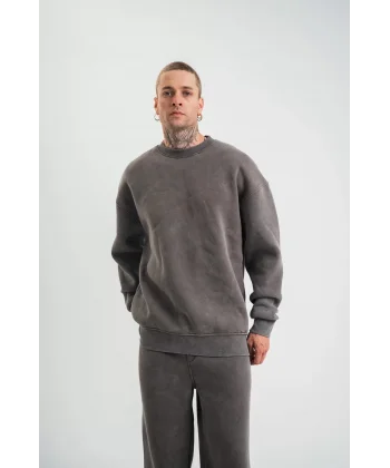 Unisex Uzun Kol Bisiklet Yaka Yıkamalı SweatShirt - Füme