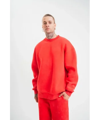 Unisex Uzun Kol Bisiklet Yaka Yıkamalı SweatShirt - Kırmızı