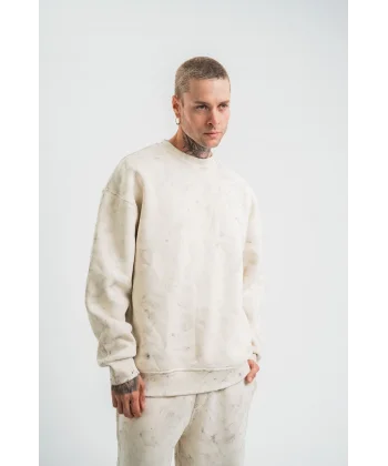 Unisex Uzun Kol Bisiklet Yaka Yıkamalı SweatShirt - Krem